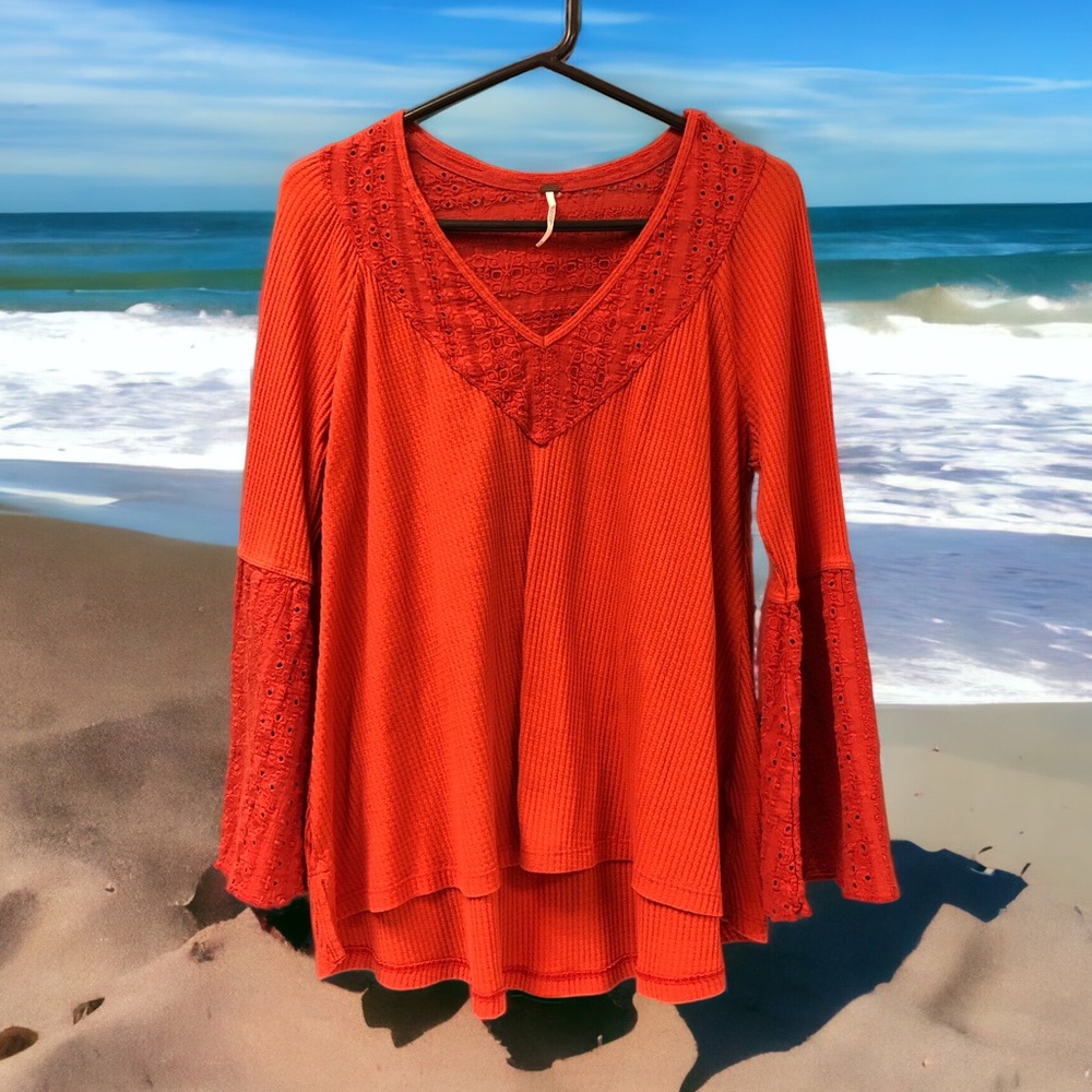 Free People Parisian Nights Blouse Top Red V Neck Boho Size Medium‎